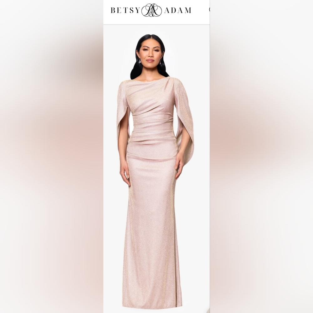 Betsy & Adam Gracie Knitted Galaxy Glitter Draped Gown Sz 8p Color Pink/Gold NWT
